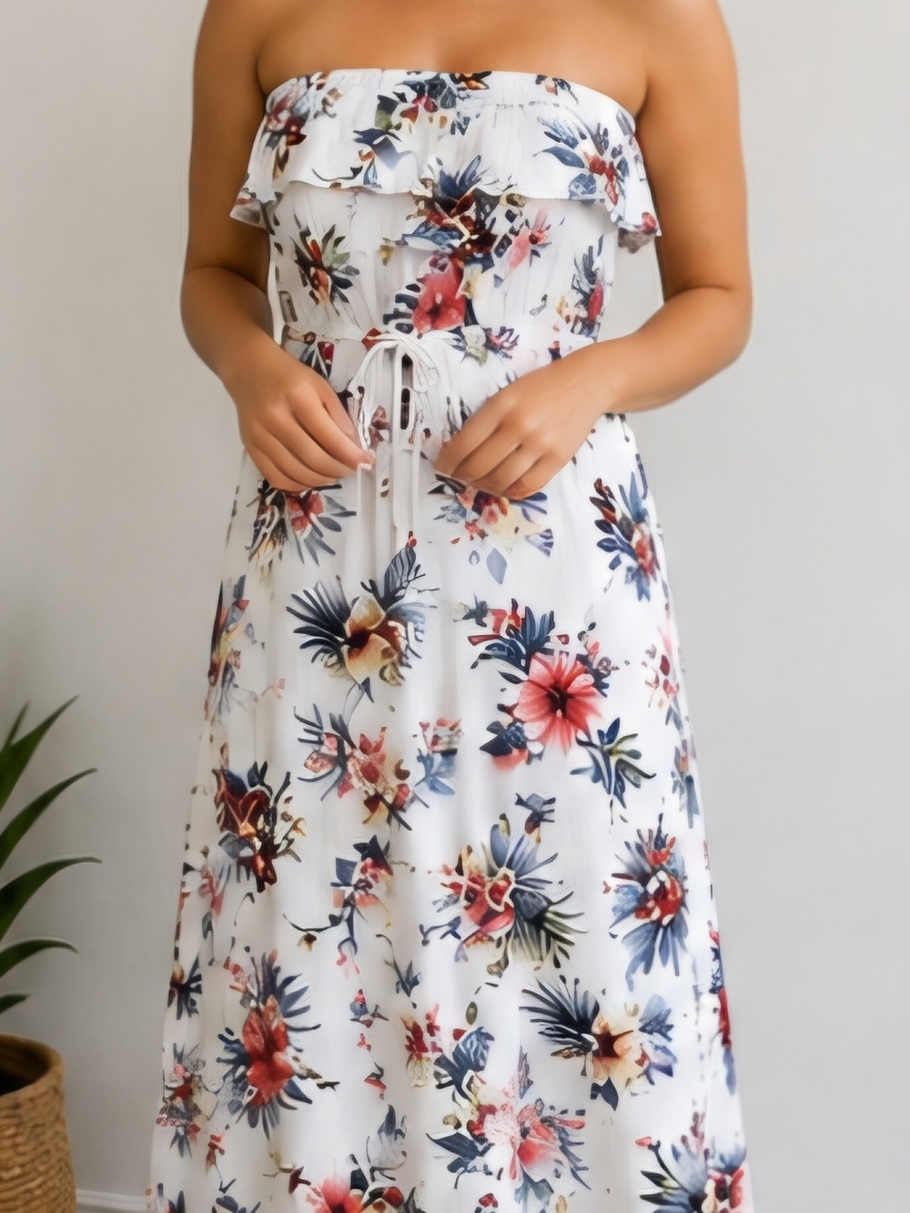 White Floral Strapless Maxi Dress with Tie Waist